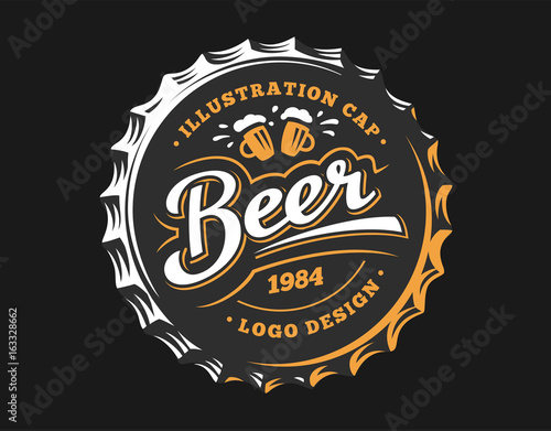Mug beer logo on cap - vector illustration, emblem brewery design on dark background