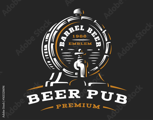 Wooden beer barrel logo - vector illustration, emblem brewery design on black background