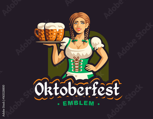 Pretty girl with beer, Oktoberfest logo design on dark background