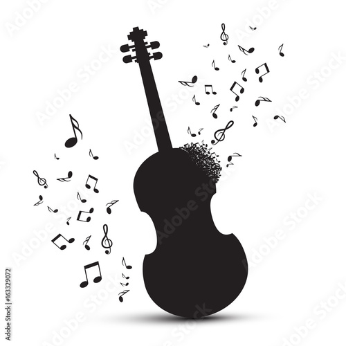 Violin Silhouette with Notes Isolated on White Background. Vector Abstract Music Illustration.