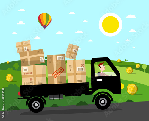 Van with Parcels on Rural Road. Vector Landscape. Natural Scene.