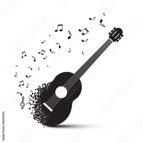Black Guitar with Notes Isolated on White Background