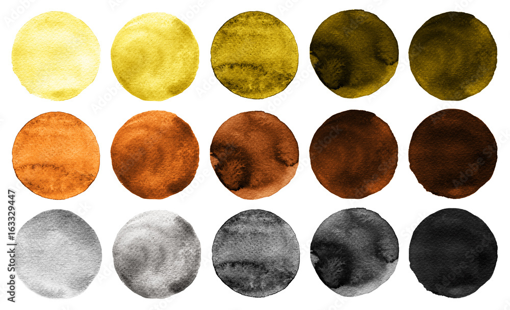 Watercolor circles in shades of yellow and brown colors isolated on white background. Watercolor circles in shades of yellow and brown colors isolated on white background.