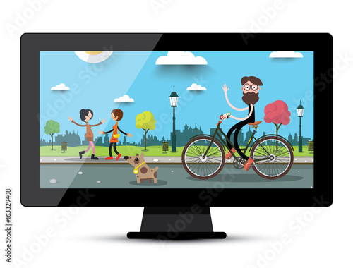 LCD Monitor Screen with City Park Flat Landscape. Television Vector Illustration