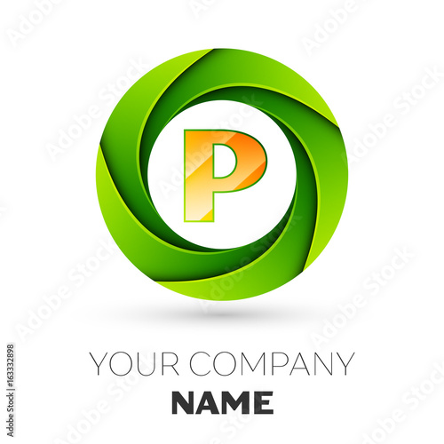 Realistic Letter P vector logo symbol in the colorful circle on white background. Vector template for your design