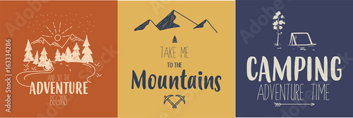 Set of 3 colorful camping logos. Traveling quotes. Vector. Resizable.