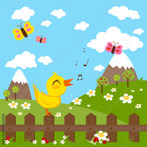 Springtime meadow landscape with a bird singing on a wooden fence. Vector illustration