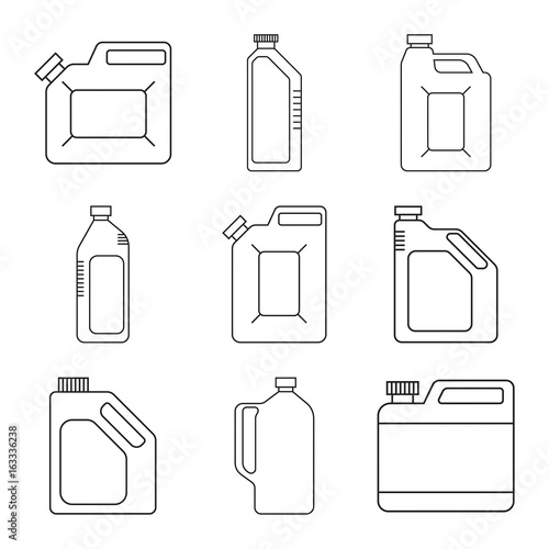 Blank Plastic Canisters. Modern thin line icons set. outline symbol collection. Engine oil. Plastic Packaging for Machine Oil, Water, Milk. Vector.