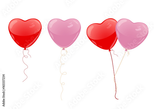 Red and pink heart balloons on white background. Red and pink balloons isolated.