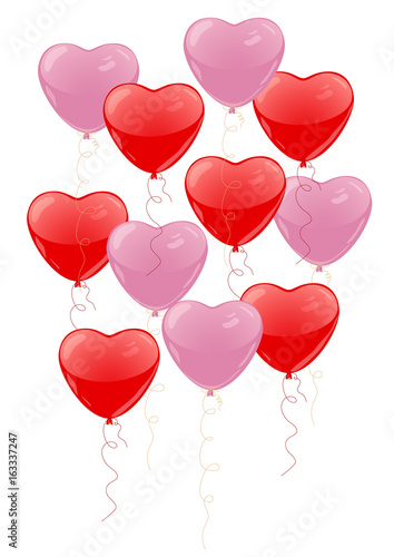 Red and pink heart balloons on white background. Red and pink balloons isolated.