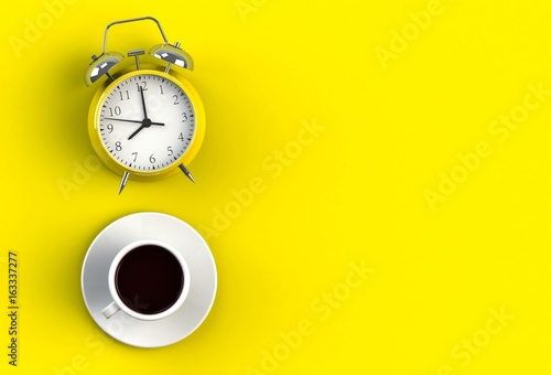 Coffee cup with alarm clock on yellow background, Top view with copyspace for your text, 3D rendering