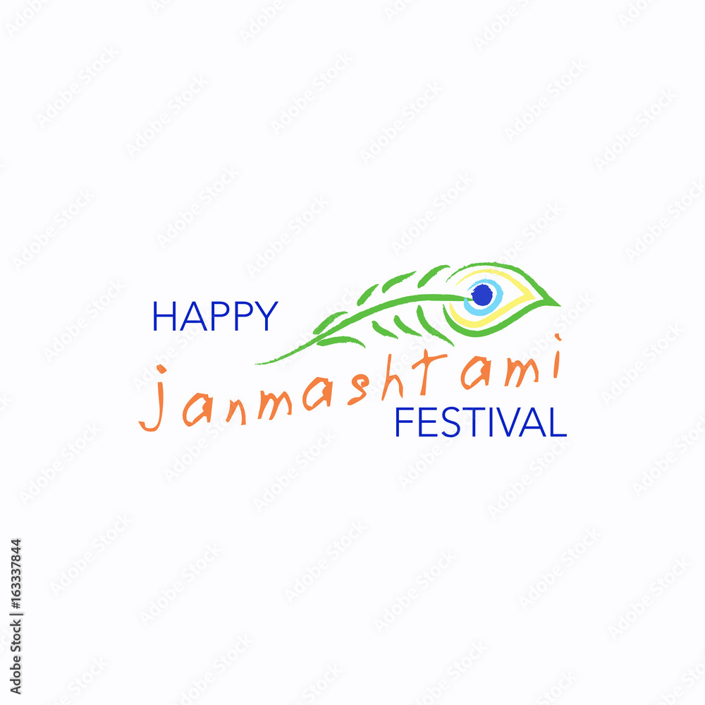 Fototapeta premium Happy Janmashtami festival typographic design with text, Lord Krishna, flute, sweets. Vector illustration