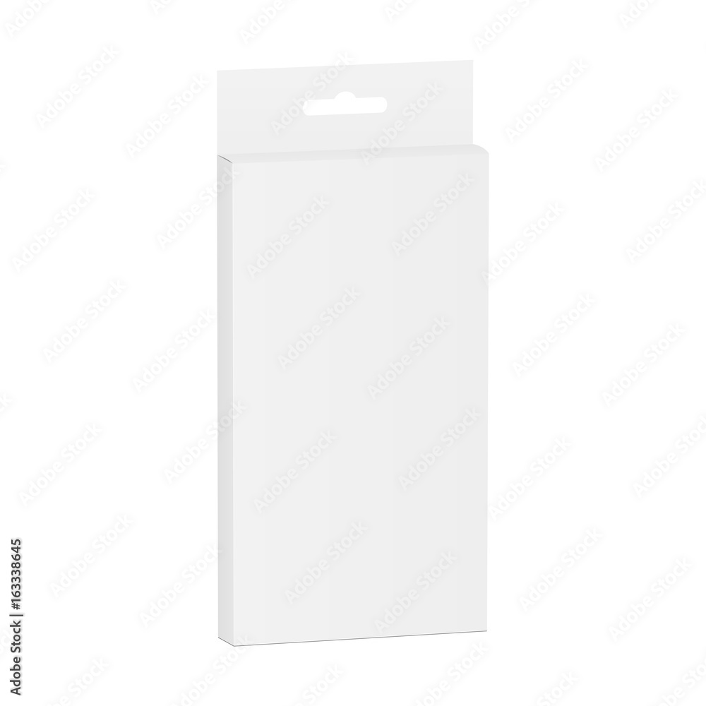 Package box mockup. High slim rectangle with hanger. Present your packaging design with these template. Vector illustration Package box mockup. High slim rectangle with hanger. Present your packaging design with these template. Vector illustration