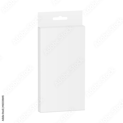 Package box mockup. High slim rectangle with hanger. Present your packaging design with these template. Vector illustration