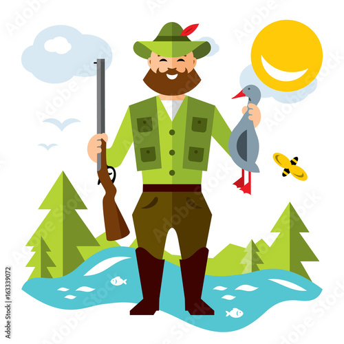 Vector Hunting ducks. Flat style colorful Cartoon illustration.