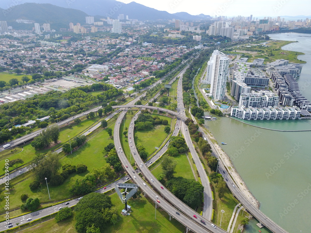 Highway at Penang island,Malaysia,aerial view from the drone