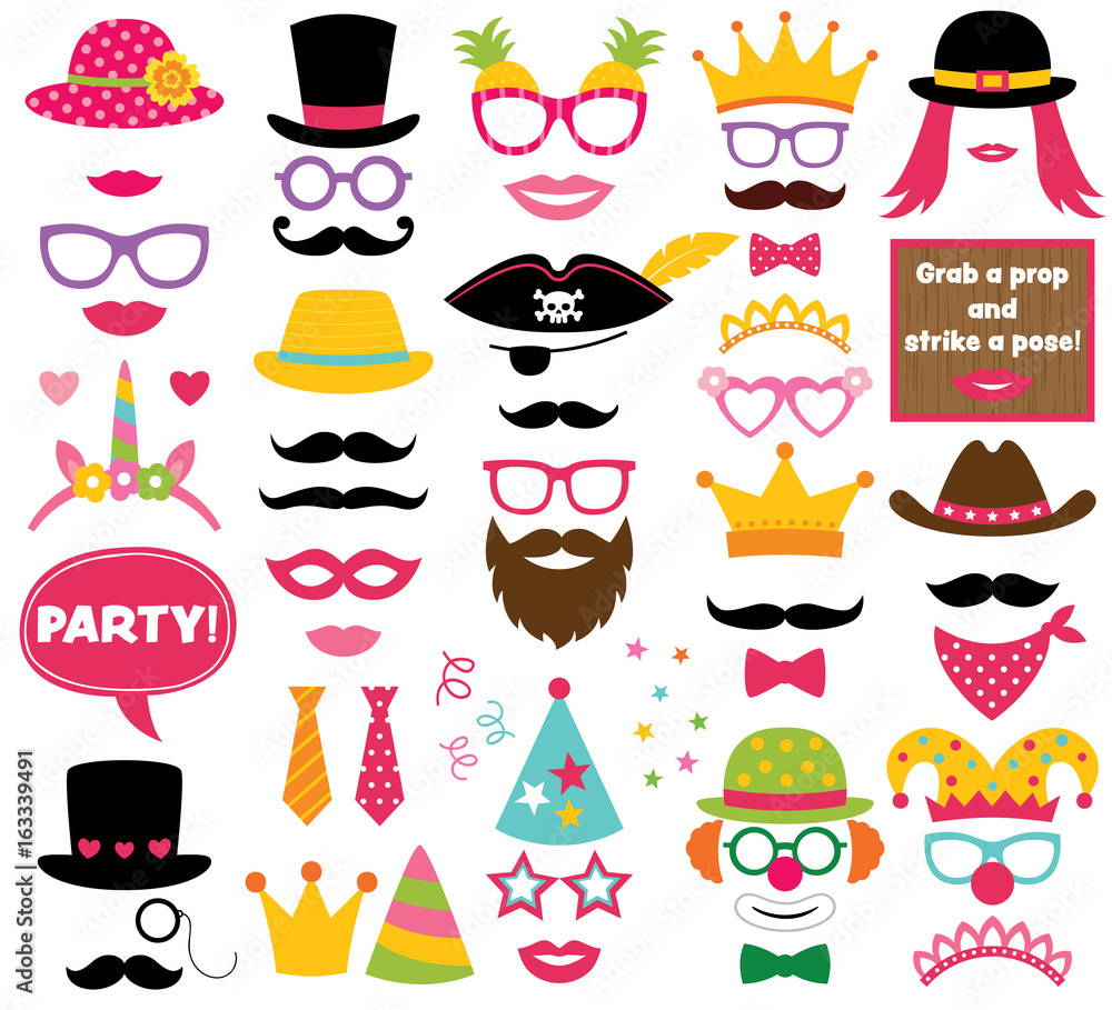 Fun party hats, vector photo booth props - obrazy, fototapety, plakaty 