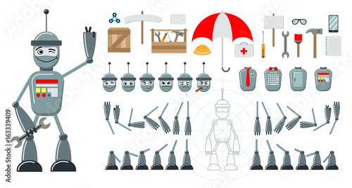 Cartoon robot flat constructor. Set of heads with emoji, bodies, legs, hands. Additional elements - tools, umbrella, phone, spinner, box, envelope, notebook, signboard. Vector illustration.