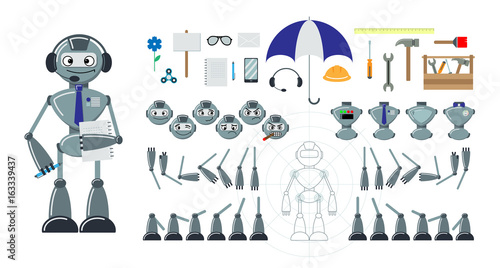 Cartoon robot flat constructor. Set of heads with emoji, bodies, legs, hands. Additional elements - tools, umbrella, phone, spinner, flower, envelope, pen, notebook, signboard. Vector illustration.