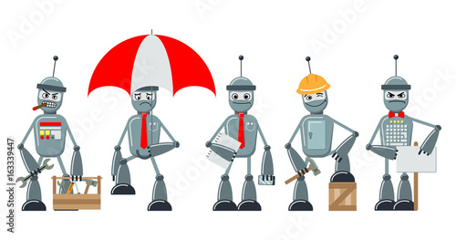 Set of flat cartoon robots. The same style personage in different poses and emotions. Joyful, angry, sad, dreamy. Vector illustration.