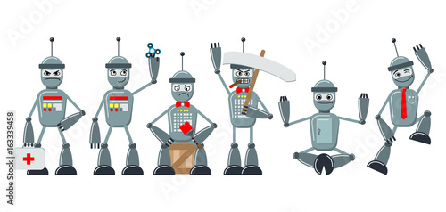 Set of flat cartoon robots. The same style personage in different poses and emotions. Joyful, angry, sad, dreamy. Vector illustration.