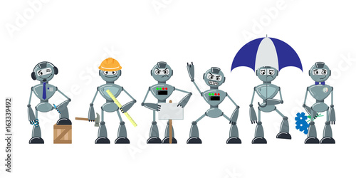 Set of flat cartoon robots. The same style personage in different poses and emotions. Joyful, angry, sad, dreamy. Vector illustration.