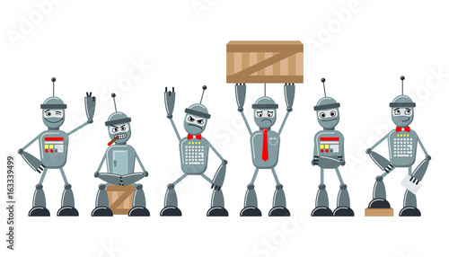 Set of flat cartoon robots. The same style personage in different poses and emotions. Joyful, angry, sad, dreamy. Vector illustration.