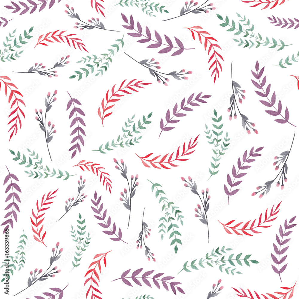 Watercolor seamless pattern with colorful leaves. Watercolor floral background. Watercolor branches texture