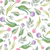 Watercolor seamless pattern with tulips. Watercolor tulip background. Spring texture.