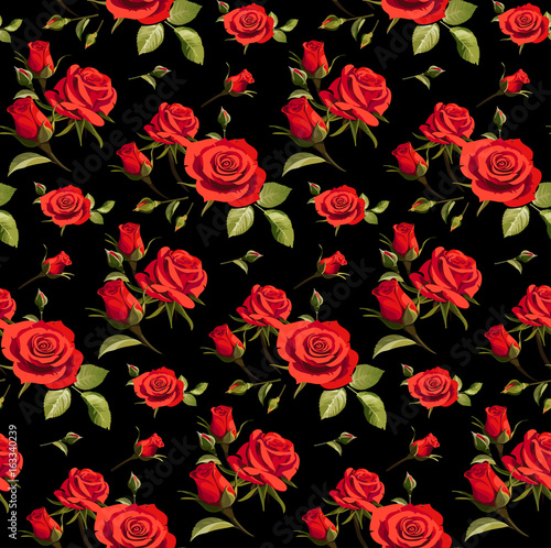 Seamless floral pattern with red roses on a black background