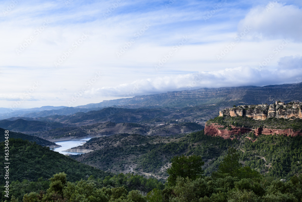 A valley landscape in Spain. Moorish castle of Siurana, Monsant, Catalonia.