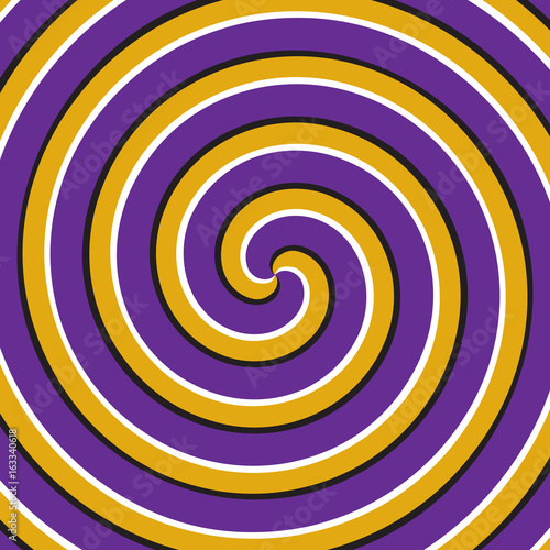 Optical motion illusion background. Purple yellow double spiral surface.
