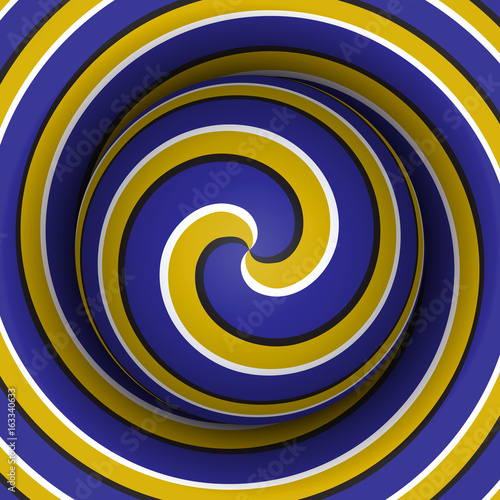 Optical motion illusion background. Sphere with a blue yellow spiral pattern on double helix background.
