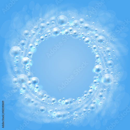 Bubbles. The flow of air bubbles in the water. Transparent soap bubbles like frame on blue background circling in a circle. Bubbles is a transparent objects. Vector illustration.