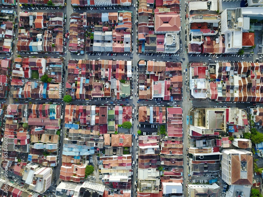 Aerial view from the drone above the roofs on the Penang island,Malaysia Aerial view from the drone above the roofs on the Penang island,Malaysia
