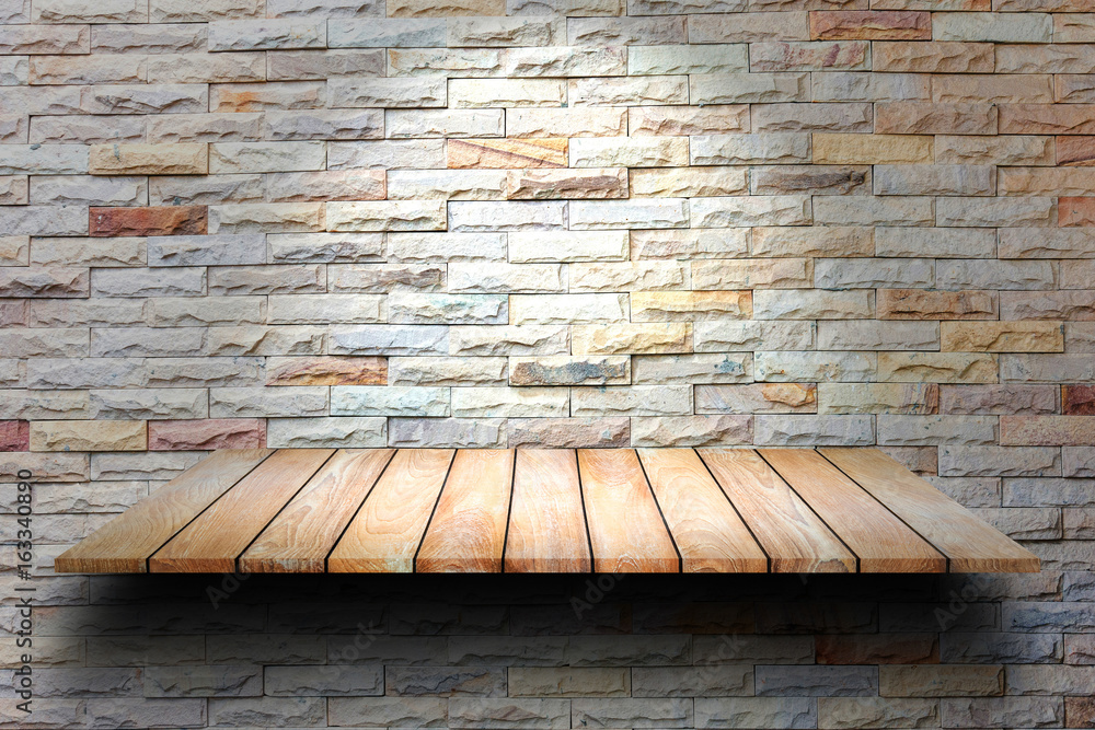 wooden plank shelves and White brick wall background. For product display.