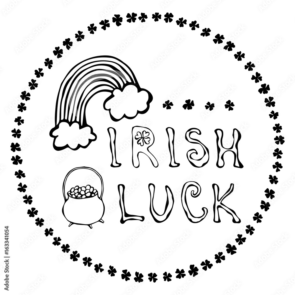 Irish Luck Logo with Rainbow and Pot of Gold. In Circle frame of clover. Outline.