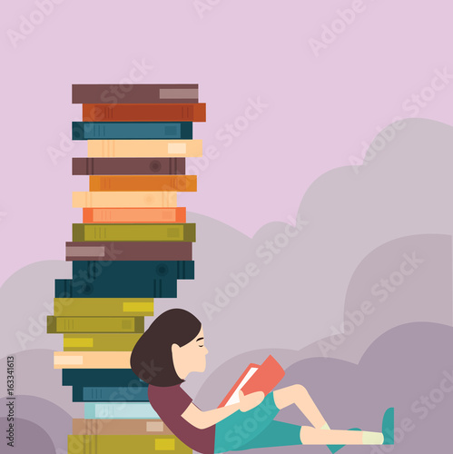 young girl reading book with pile of book lot