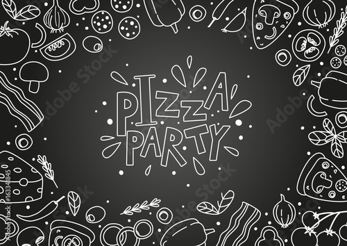 Pizza ingredients on chalkboard background
