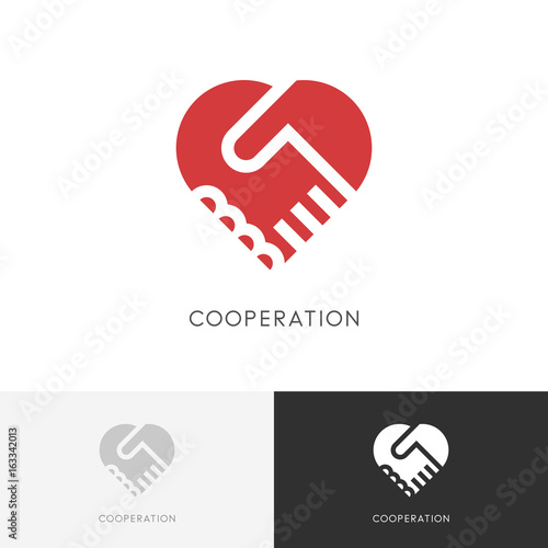 Cooperation business logo - two hands make a deal and heart symbol. Handshake, partnership and love vector icon.