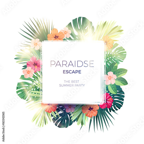 Green summer tropical background with exotic palm leaves and hibiscus flowers. Vector floral background.