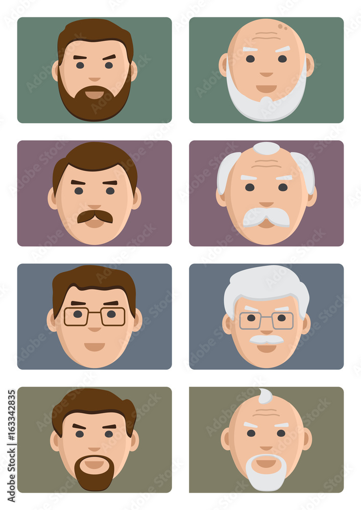 People ages icons, male from young to old. Flat set on colored background, avatar, vector illustration People ages icons, male from young to old. Flat set on colored background, avatar, vector illustration