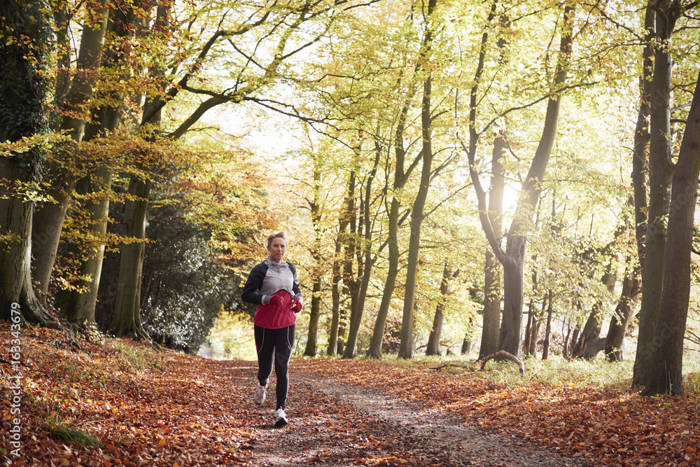 Fototapeta premium Mature Woman Running Through Autumn Woodland