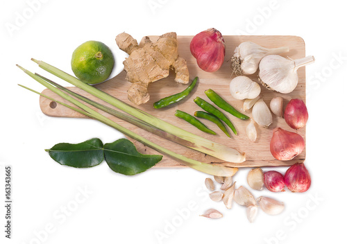 Traditional Thai food cuisine on Herb ingredient of Tom Yum spicy white background