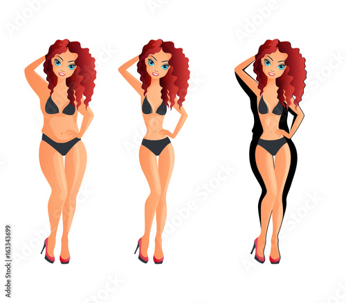 Isolated weight loss white woman, fat female and slim, healthy concept, before and after, young girl overweight vector illustration
