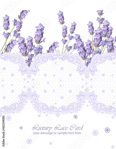 Lavender delicate lace card. Springtime Summer fresh natural wedding card. Ve...