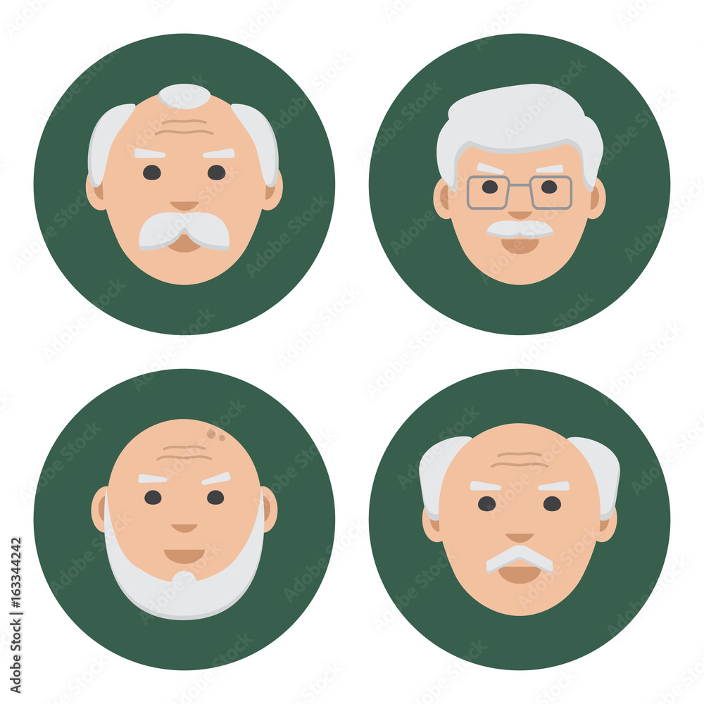 Colored set of old men face icons on green background. Vector illustration Colored set of old men face icons on green background. Vector illustration