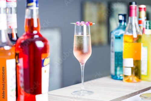 Horizontal View of Glass of Champagne with Rose Flowers, Wallpaper