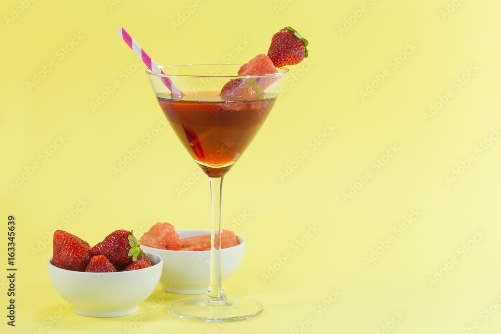 glass of refreshing drink: strawberry juice with fruit chunks glass of refreshing drink: strawberry juice with fruit chunks