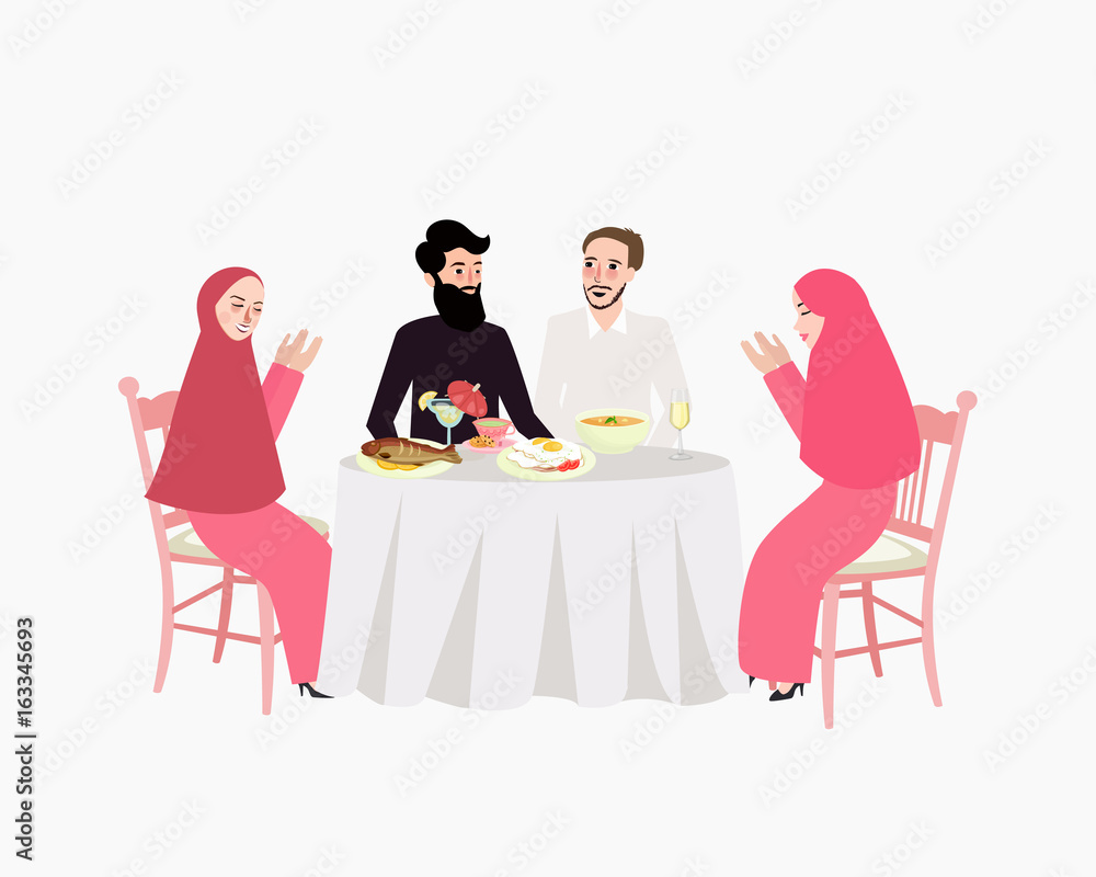 dinner muslim ramadhan iftar woman and man enjoy food break fasting dinner muslim ramadhan iftar woman and man enjoy food break fasting